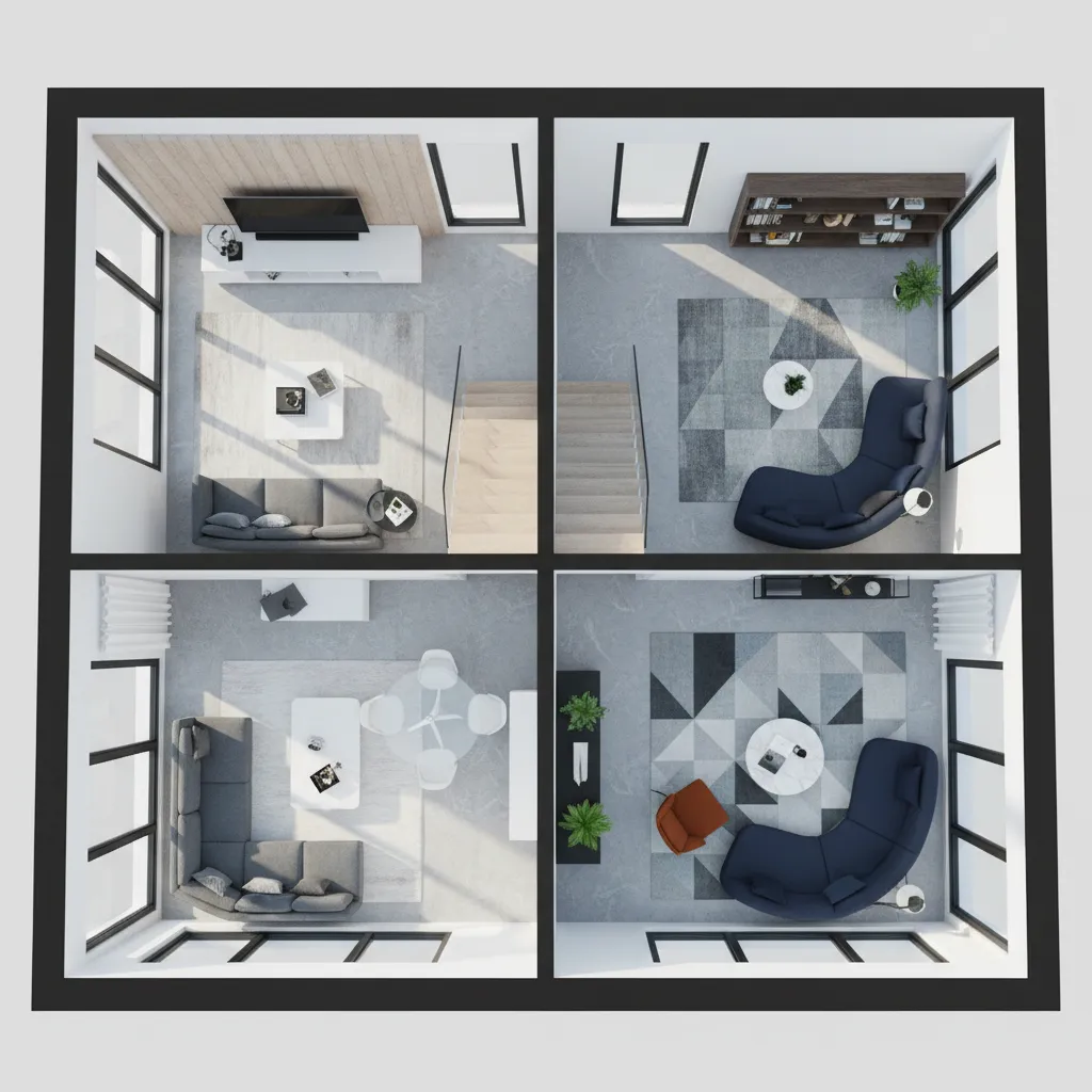 Top down interior design drawing showing four different living room layouts with sofas and rugs