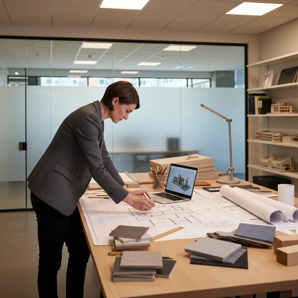 Female designer reviewing a paper floor plan with a laptop, lamp, and various material samples