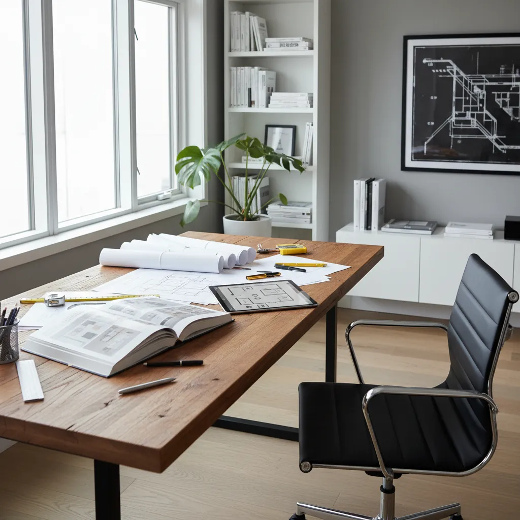 Mesa de trabajo con libro de diseño de interiores y tablet mostrando plano de habitación