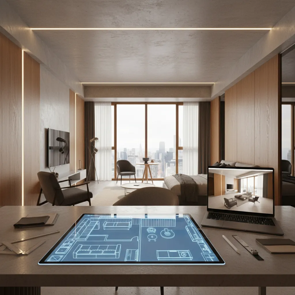 Digital floor plan on a tablet and a laptop screen displaying a 3D room design