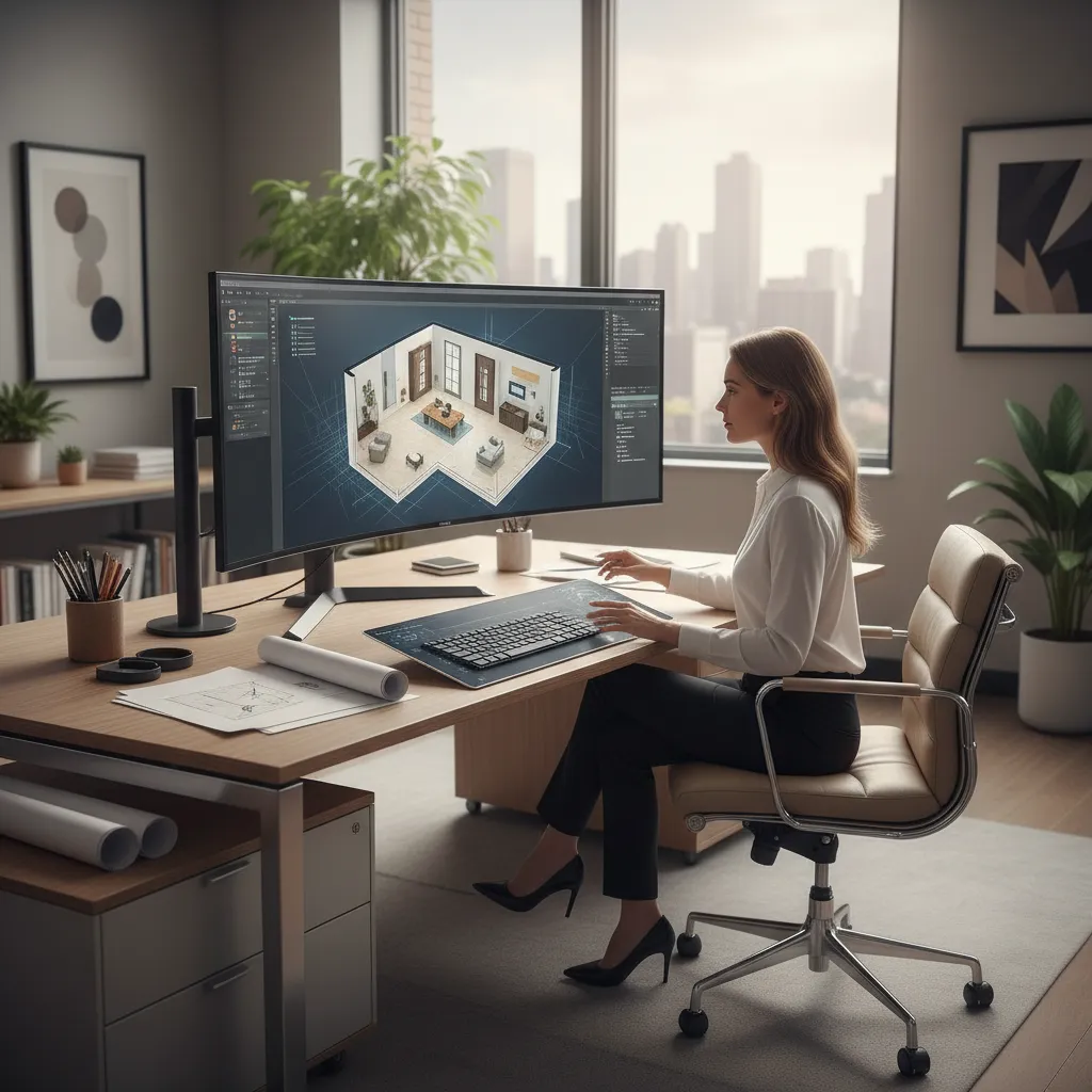 Designer sitting at wooden desk using wide monitor for interior design drawing of living room
