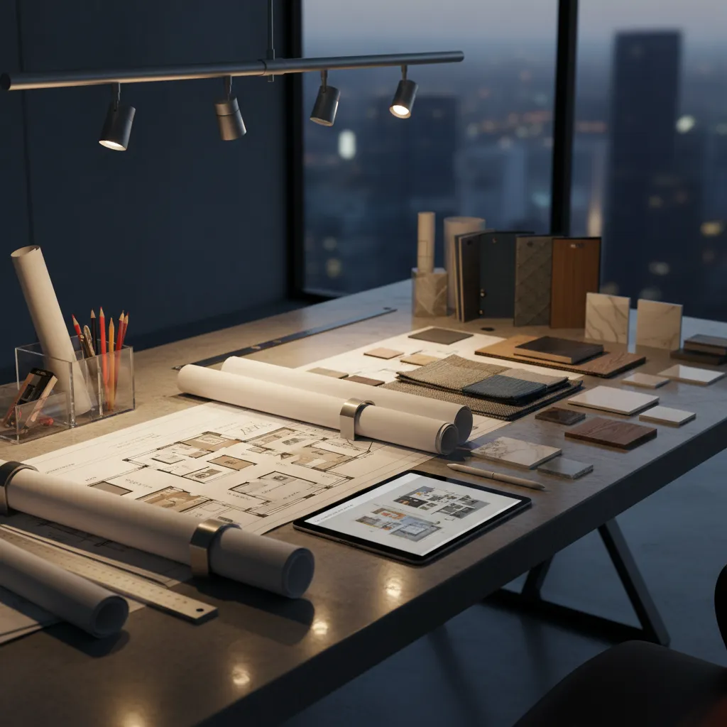 Diseñador revisando planos y modelos 3D de una vivienda