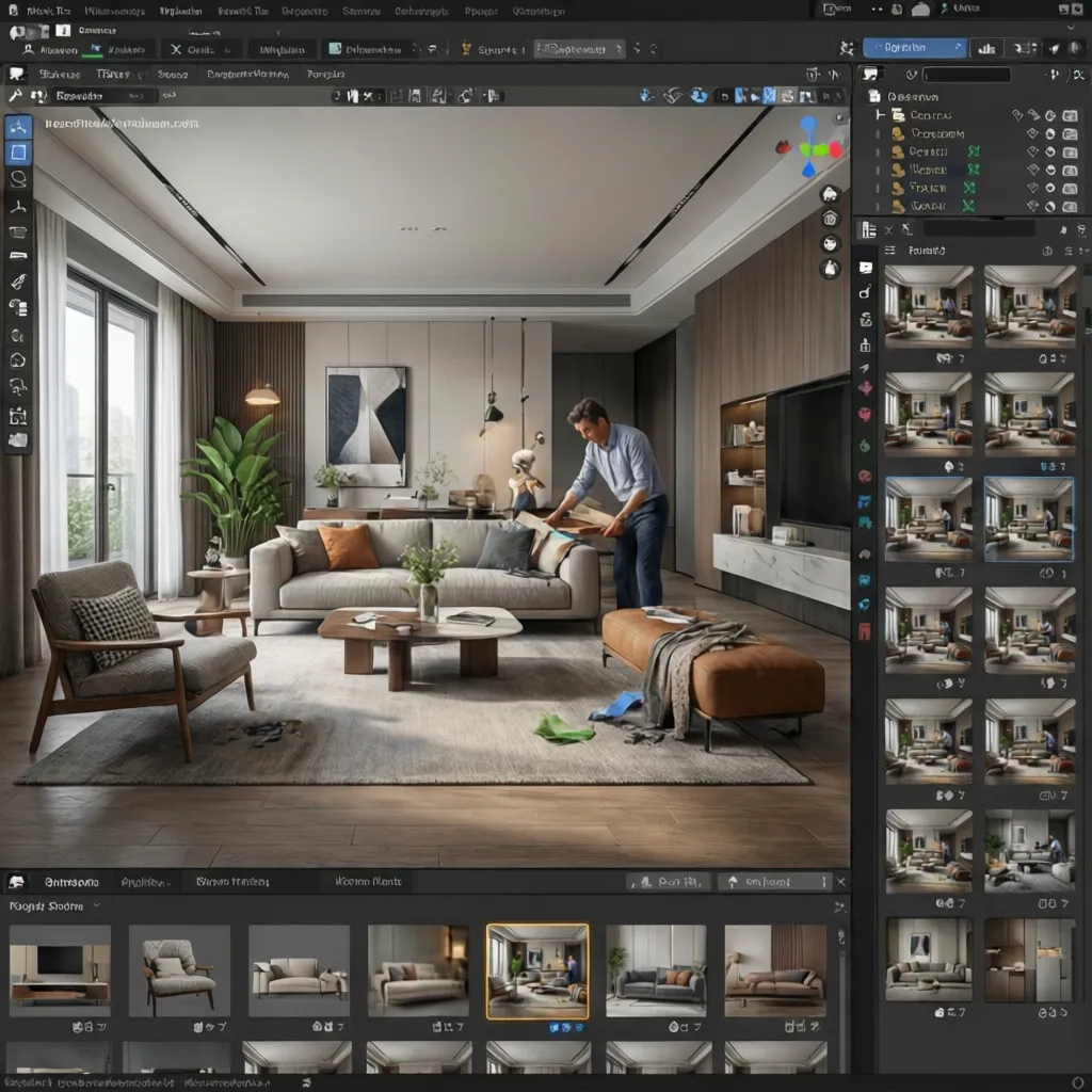 Diseñador organizando muebles en un software de planificación interior