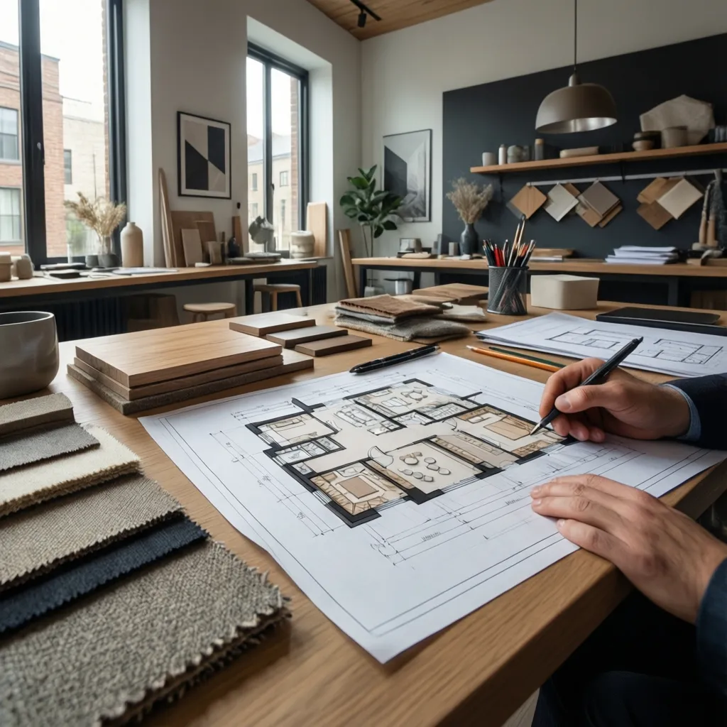 Diseñador revisando planos y materiales para un proyecto de interiorismo