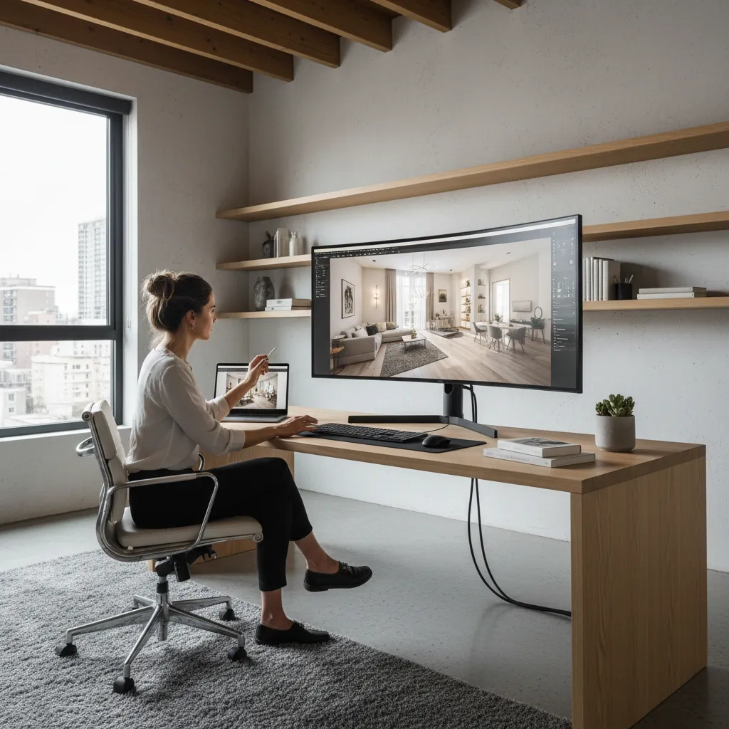 Diseñador de interiores planificando la distribución de una vivienda en pantalla