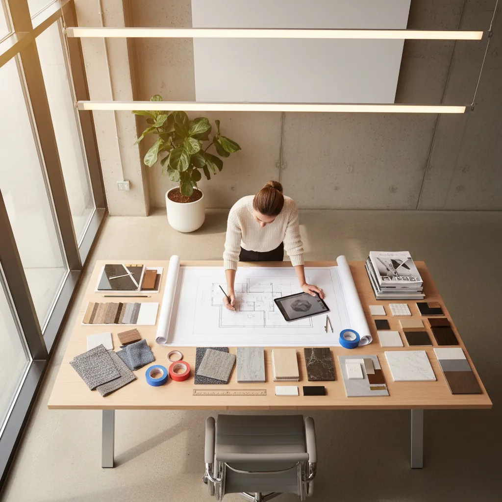 Interior designer working at desk with floor plan tablet material samples and long ceiling light