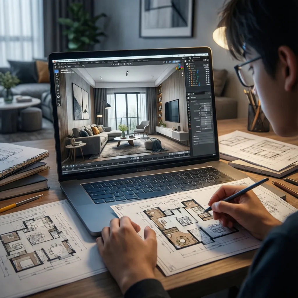 Estudiante diseñando la distribución de una vivienda en software 3D