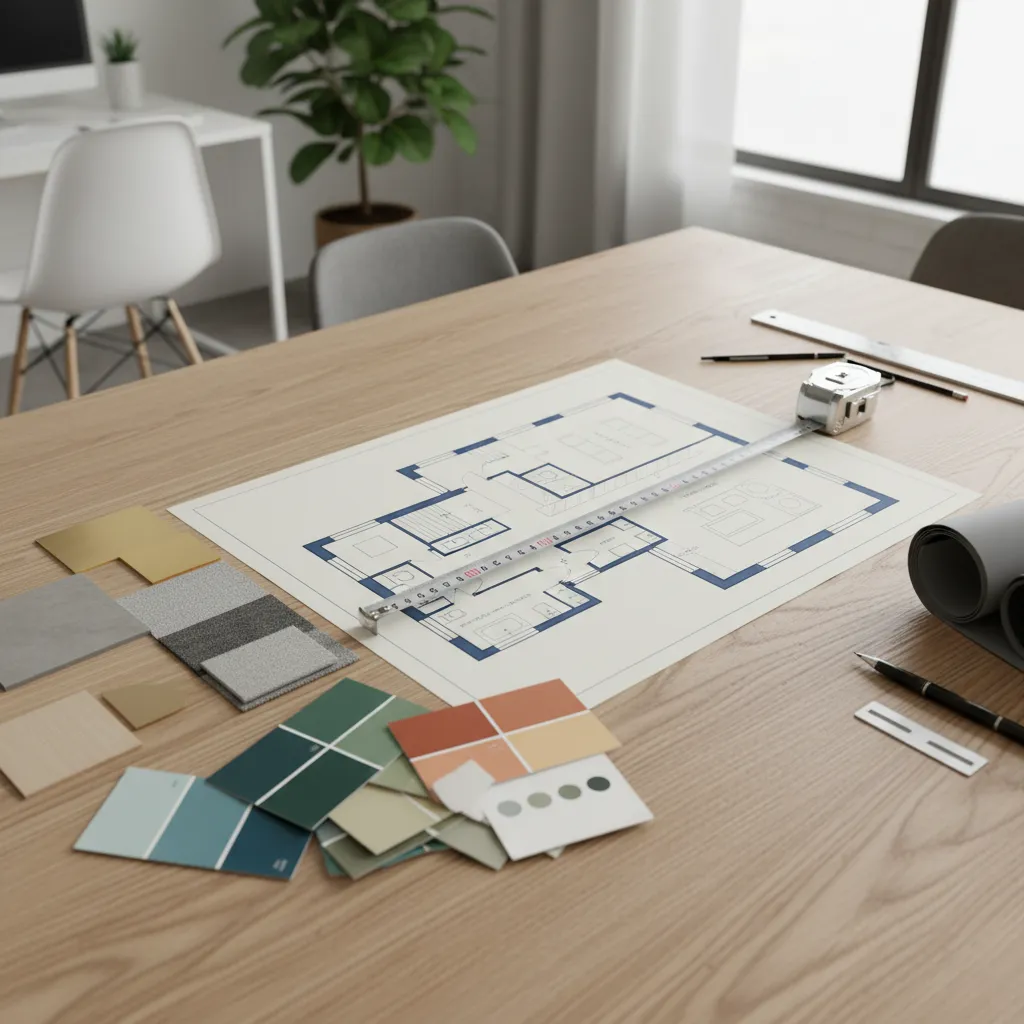 Plano de distribución de una vivienda sobre mesa de trabajo con muestras de materiales
