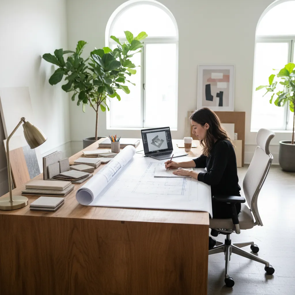Diseñador de interiores revisando planos de distribución de vivienda