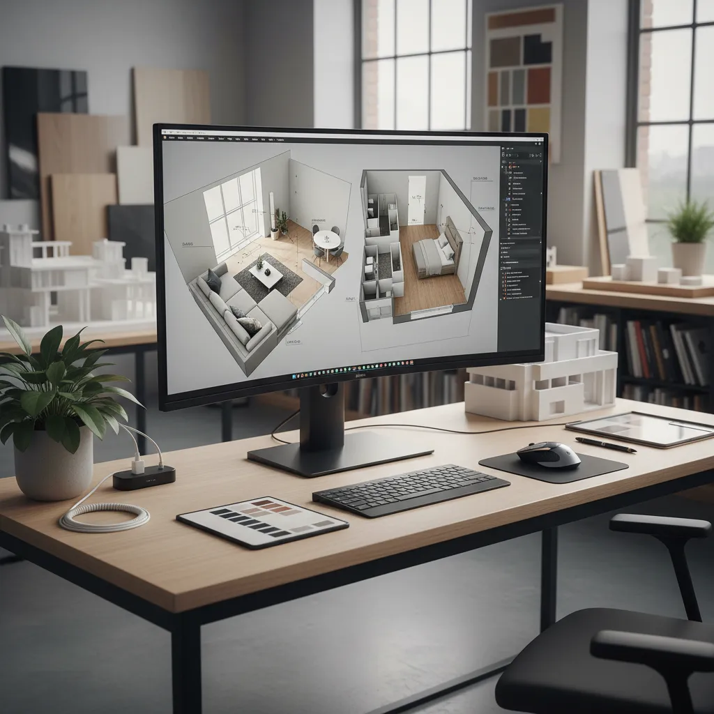 Diseño de interiorismo en modelo 3D mostrando distribución del mobiliario