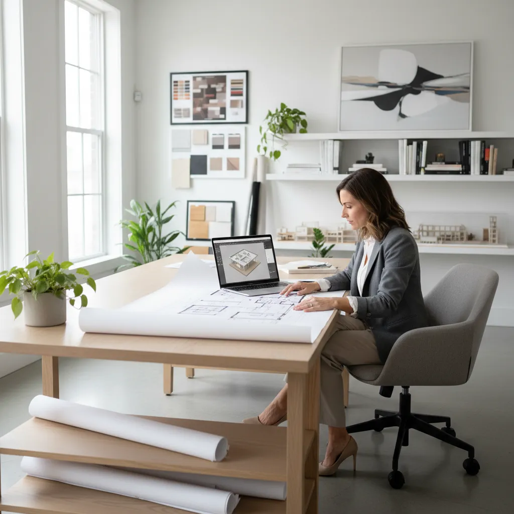 Interiorista revisando planos de diseño de vivienda