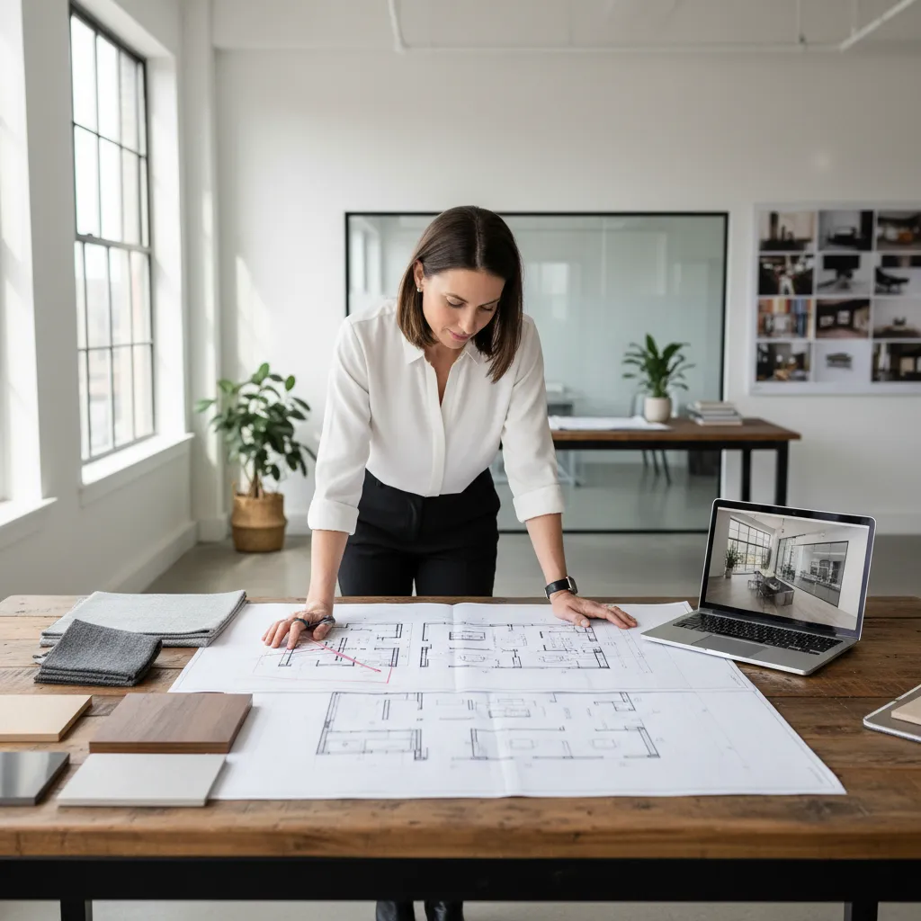Diseñador trabajando en plano de distribución de un espacio comercial