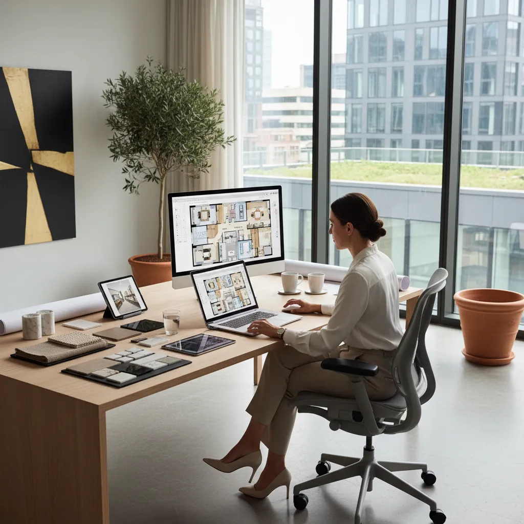 Woman works on floor plan using laptop and monitor at desk with many material samples