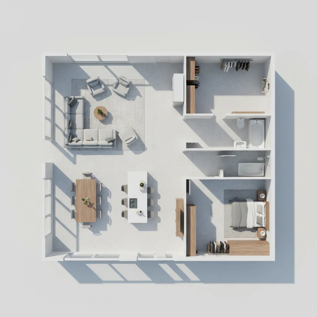 Plano 3D de distribución interior de una vivienda