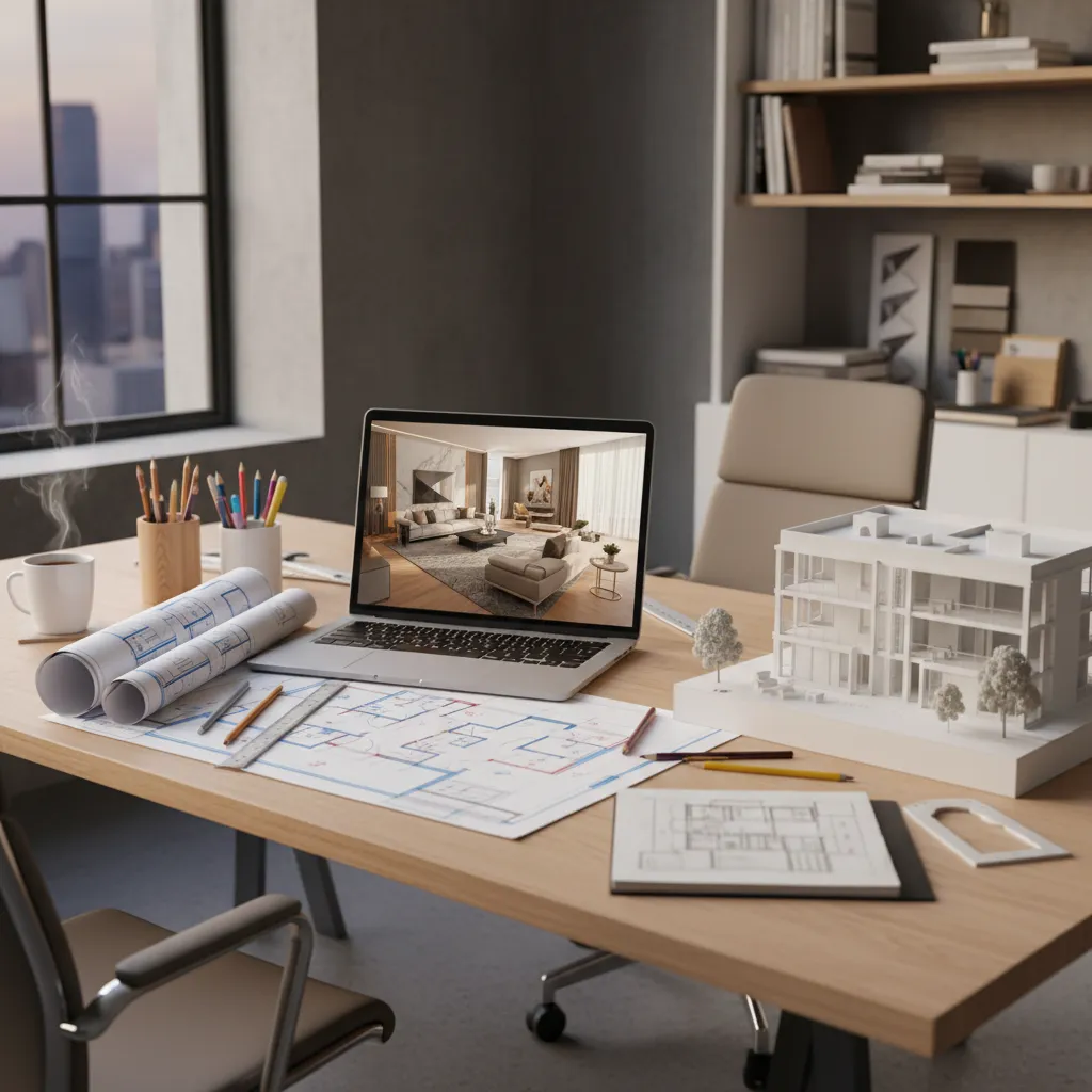 Office desk featuring laptop with interior design drawing floor plans and a small building model