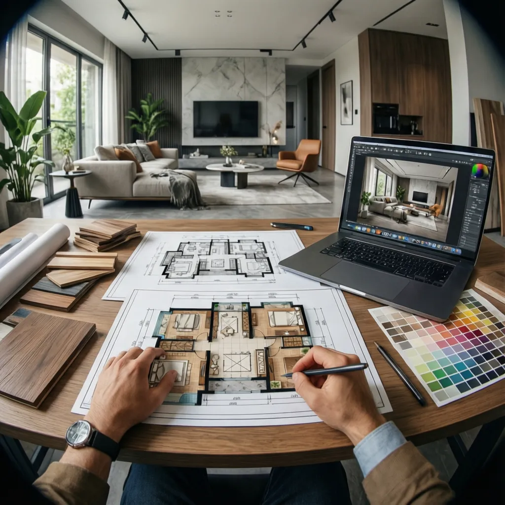 Diseñador de interiores trabajando en planos y muestras de materiales
