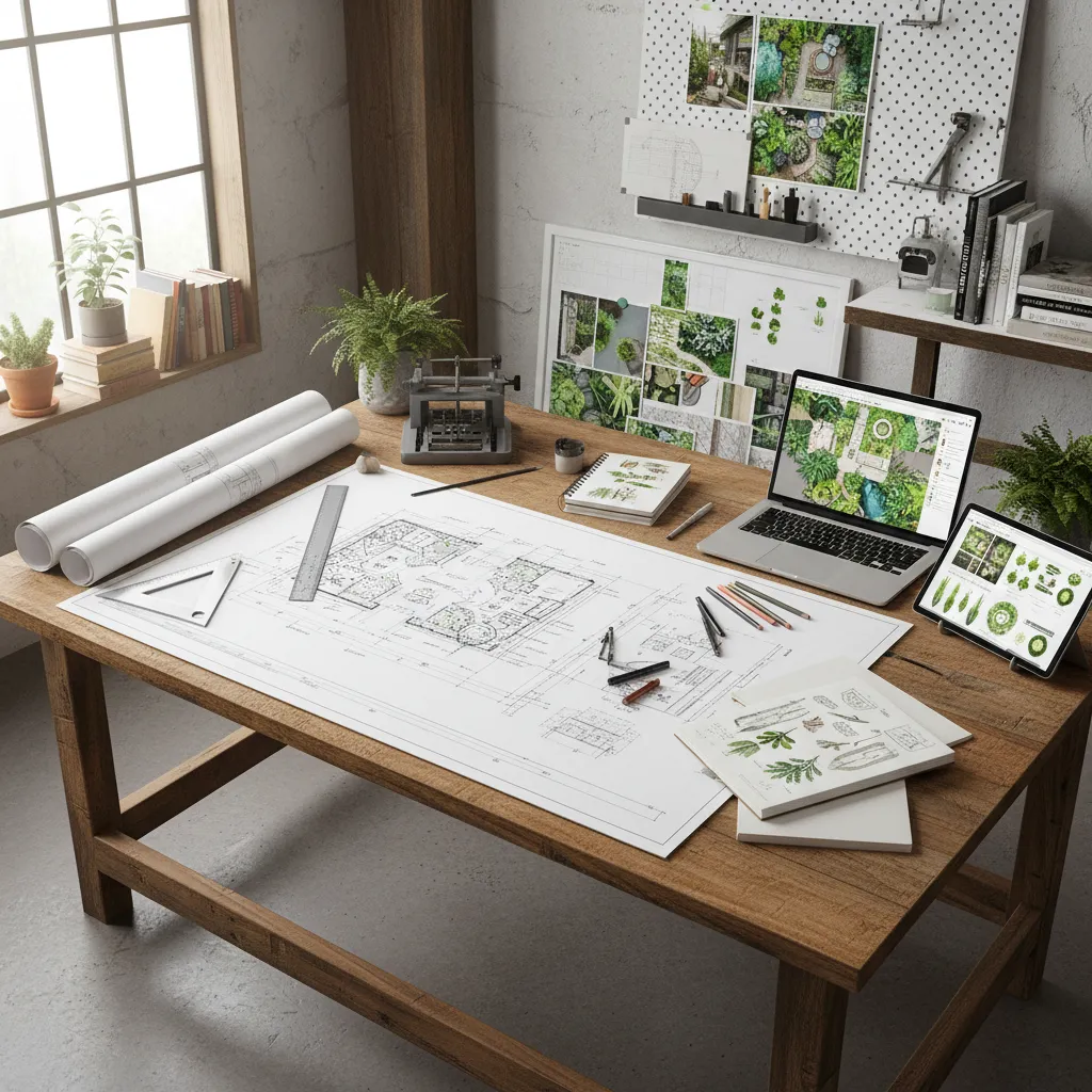Planificación de diseño de jardín con plano y herramientas de diseño
