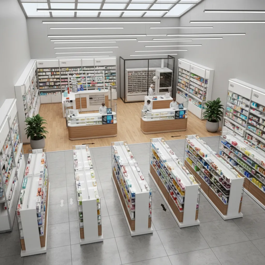 Interior design drawing of modern pharmacy layout with white shelves, wooden floors, and many lights