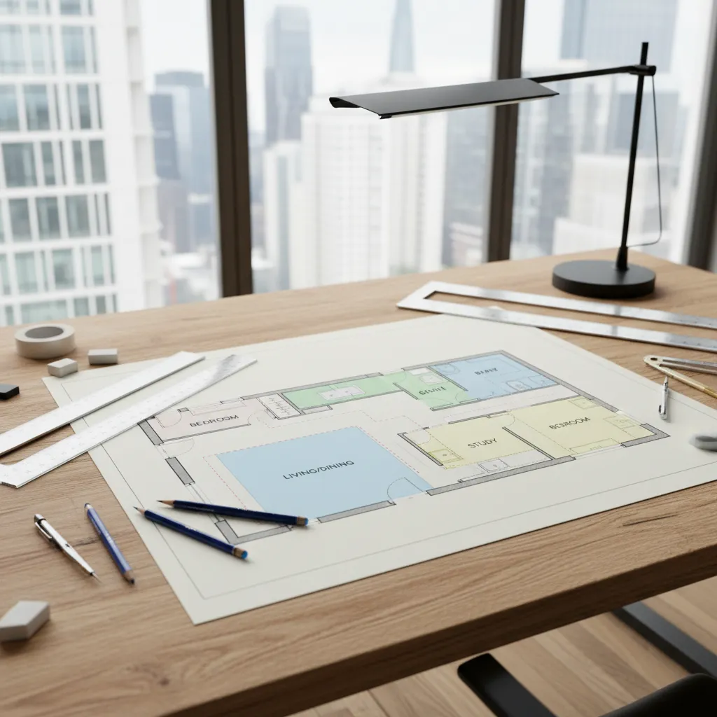 Wooden desk with house floor plan drawing, rulers, pencils, black desk lamp, and city view