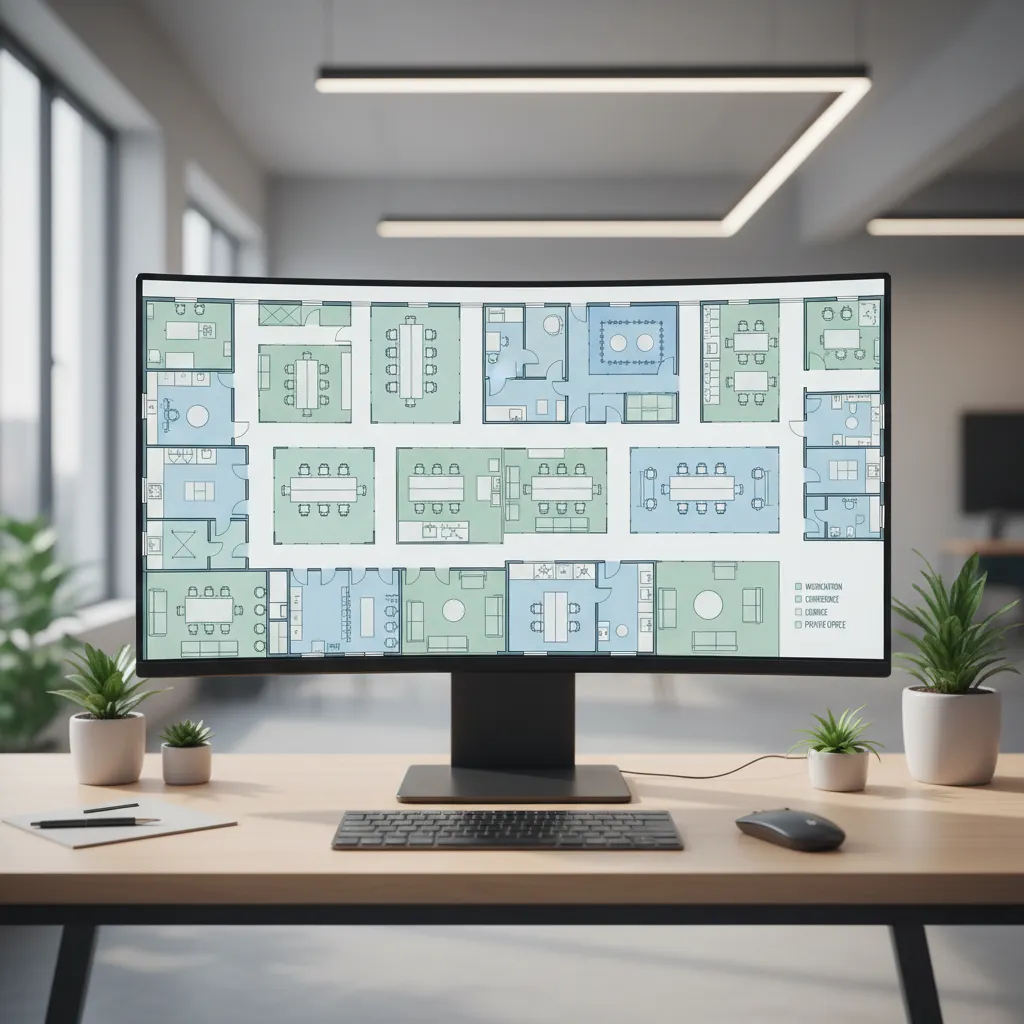Plano digital de distribución de oficina con estaciones de trabajo y salas de reunión