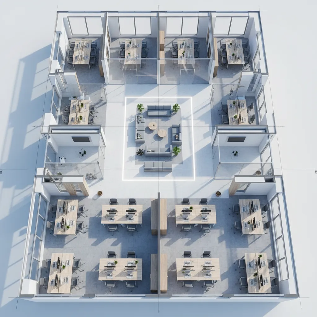 Vista de un plano 3D de oficina utilizado para planificar distribución de espacios