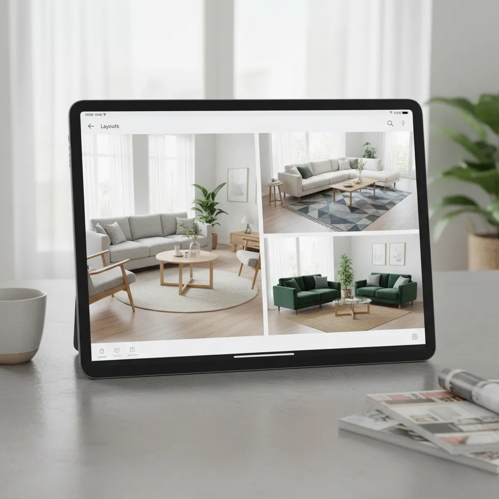 Diferentes distribuciones de muebles para un salón probadas dentro de una app de diseño