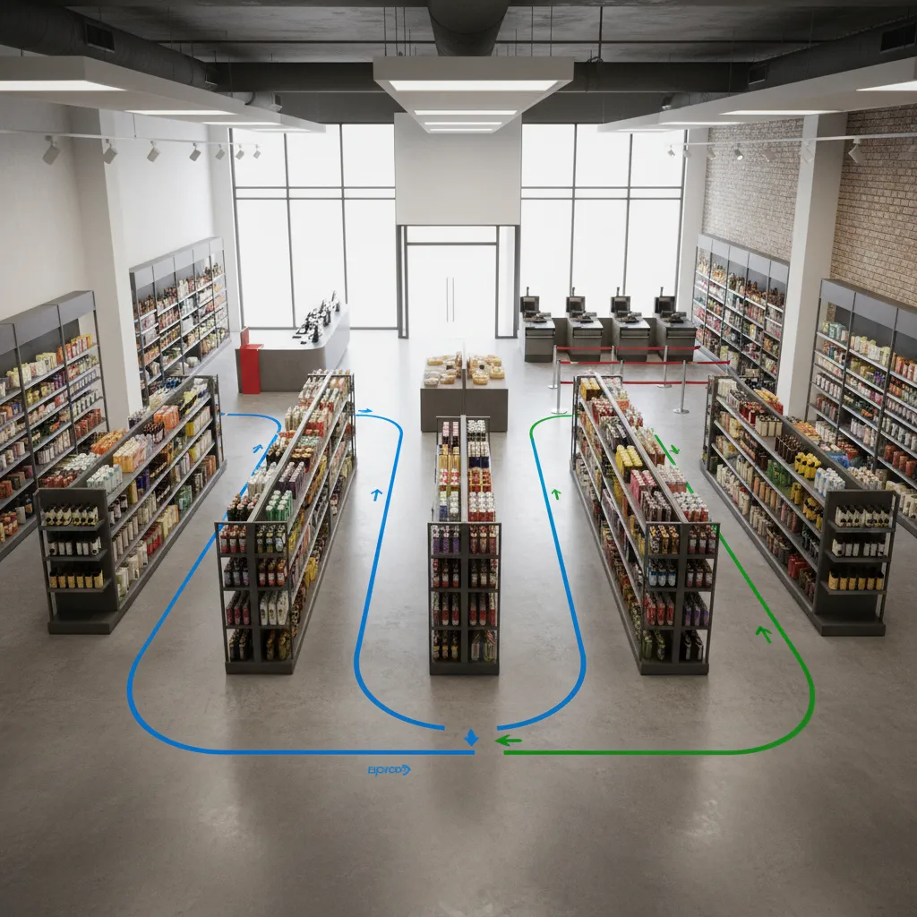 Plano de distribución de tienda con zonas de circulación del cliente