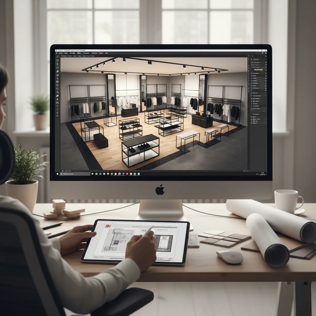 Interior designer using a computer screen and tablet to create a retail clothing store layout