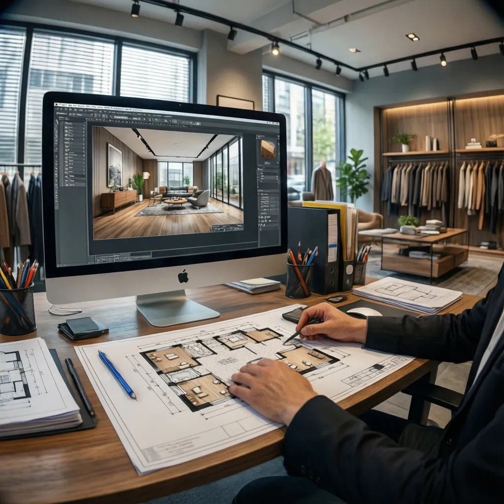 Diseñador revisando plano digital de un local comercial en ordenador