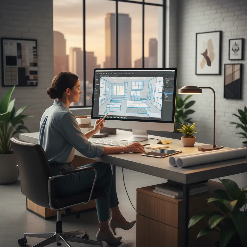 Professional interior designer using a computer to create a room layout drawing in modern office