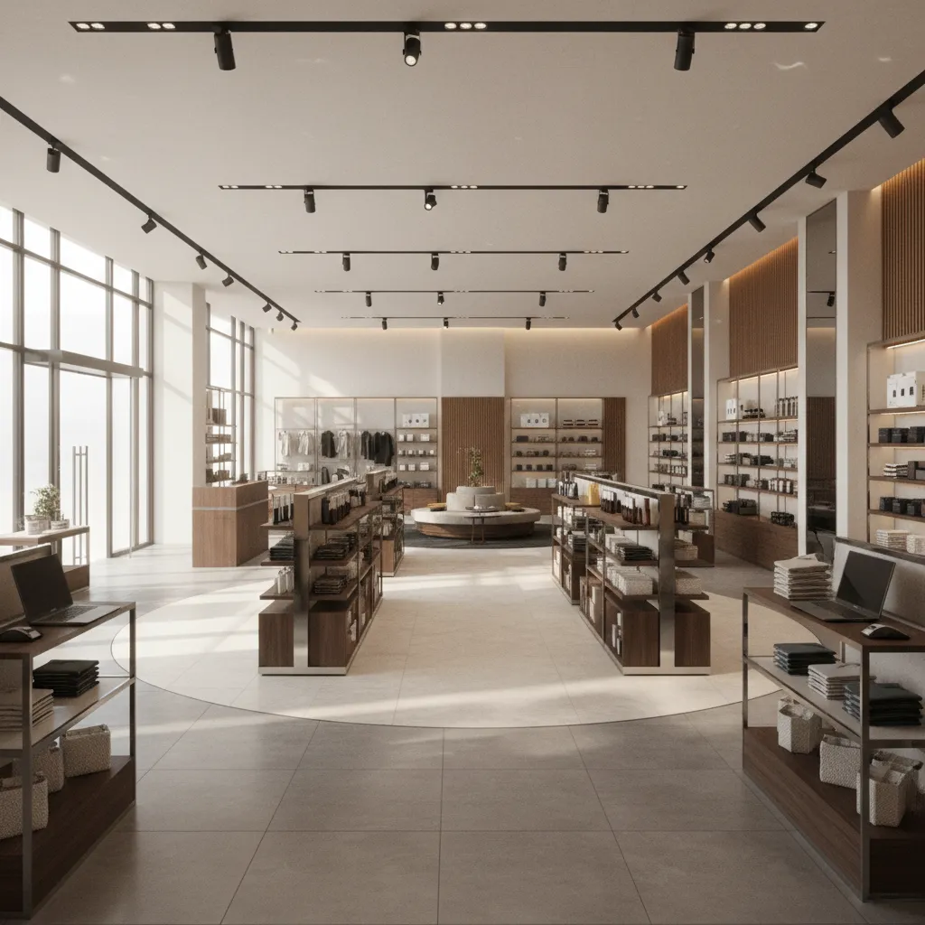 Modelo 3D de un local comercial con mobiliario y zonas de circulación