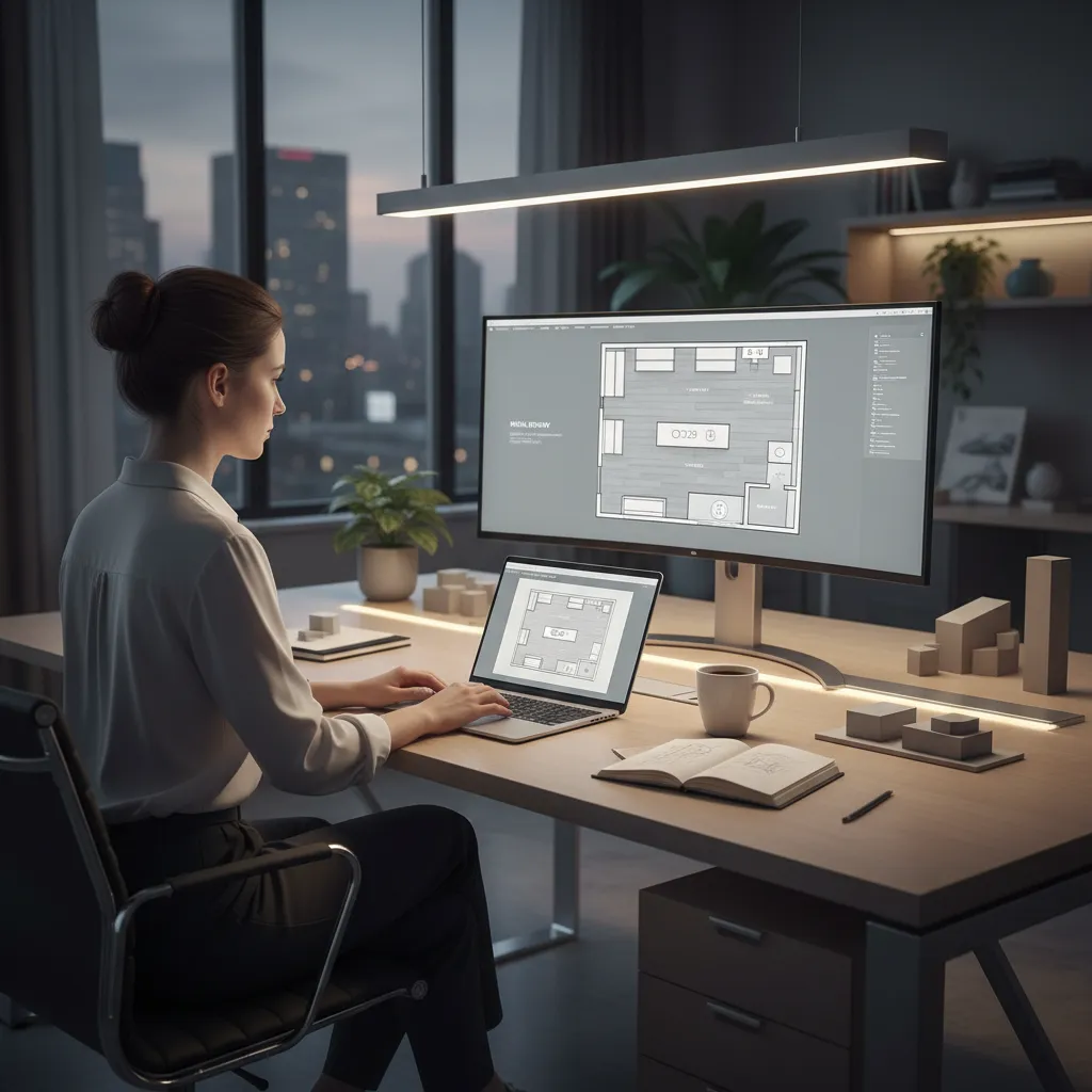 Female designer working on floor plan design using laptop and large computer monitor at office