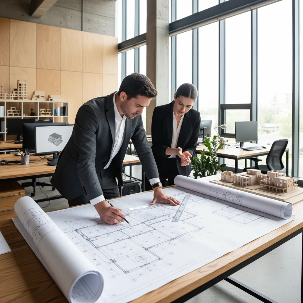 Arquitecto revisando planos estructurales de una losa de vivienda