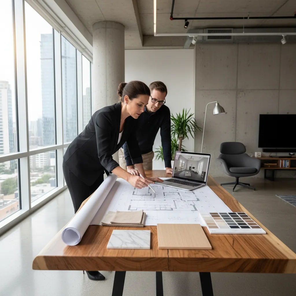 Diseñador revisando materiales y planos en un proyecto de reforma