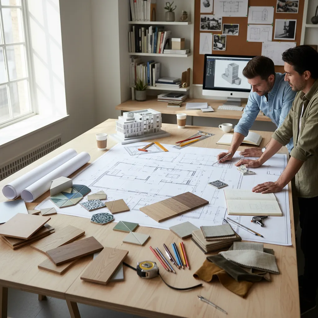 Two men reviewing house floor plans on a large table with material samples and supplies