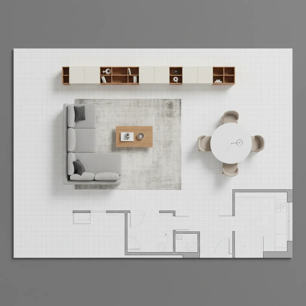 Top down room layout showing grey sofa wooden coffee table white dining table and chairs