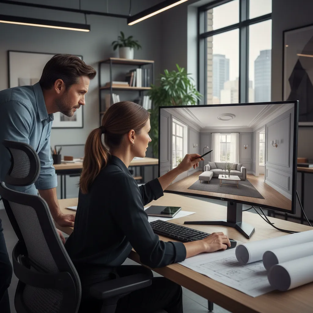 Two designers looking at a living room interior design drawing on a large computer monitor