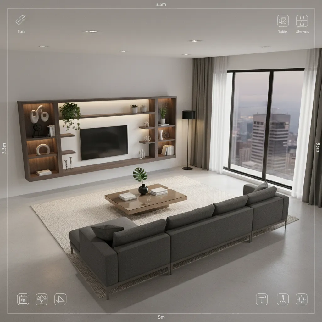 Plano 3D de un salón con muebles colocados para probar distribución