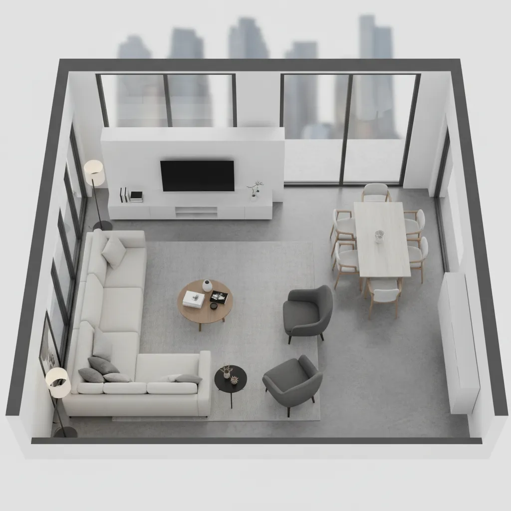 Distribución de muebles en un plano digital de interior