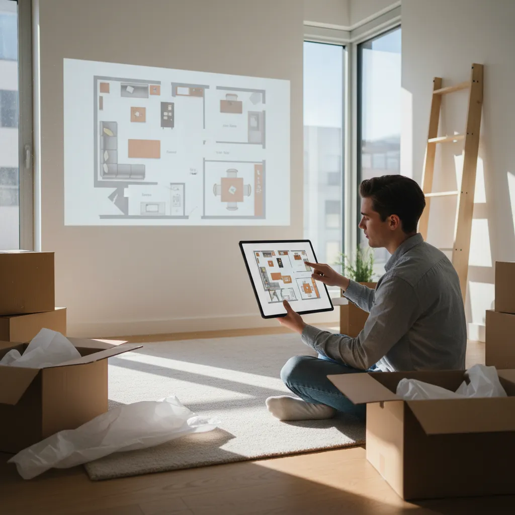 Man sitting on floor with moving boxes while checking room layout on tablet and wall
