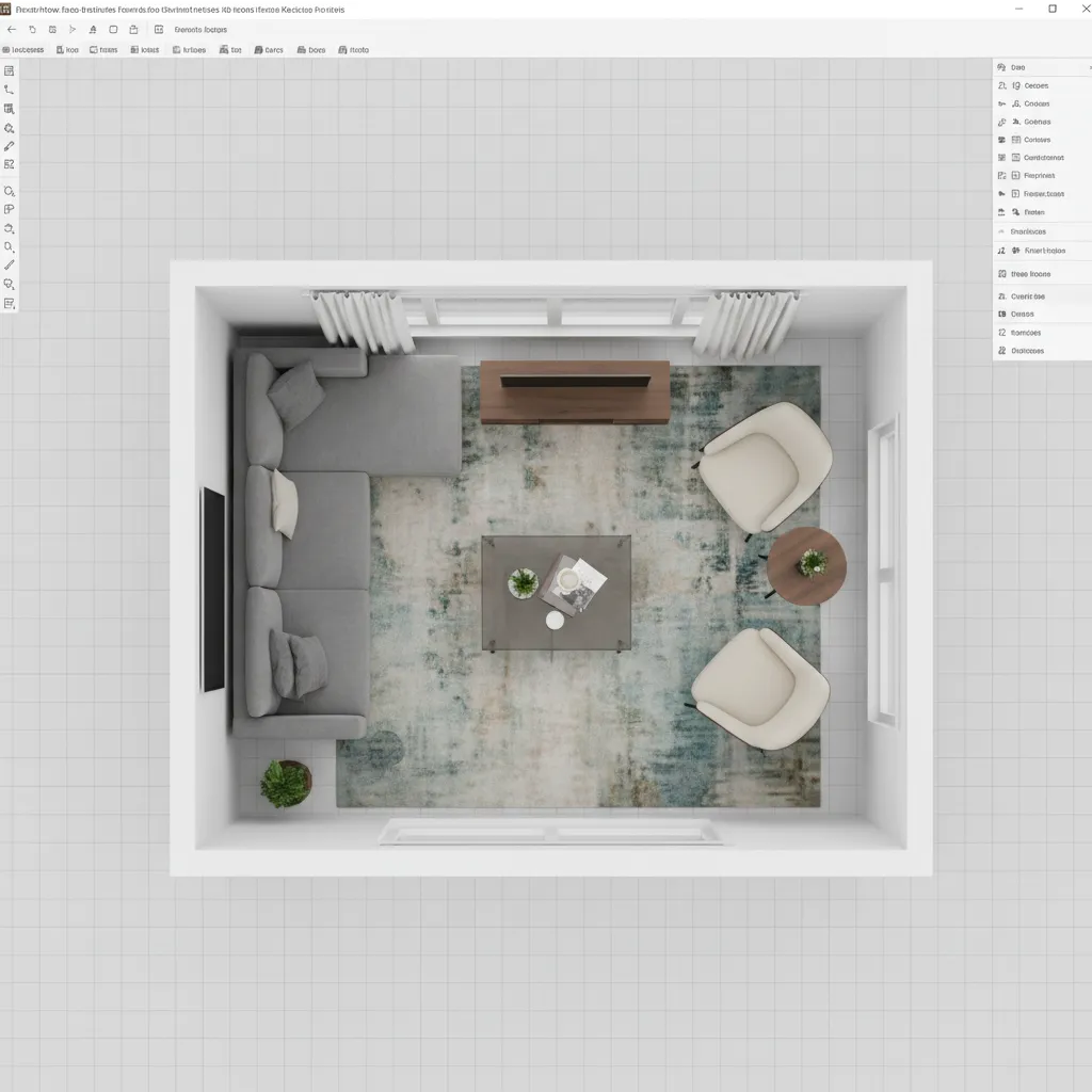 Planificación de muebles en un plano digital de sala de estar