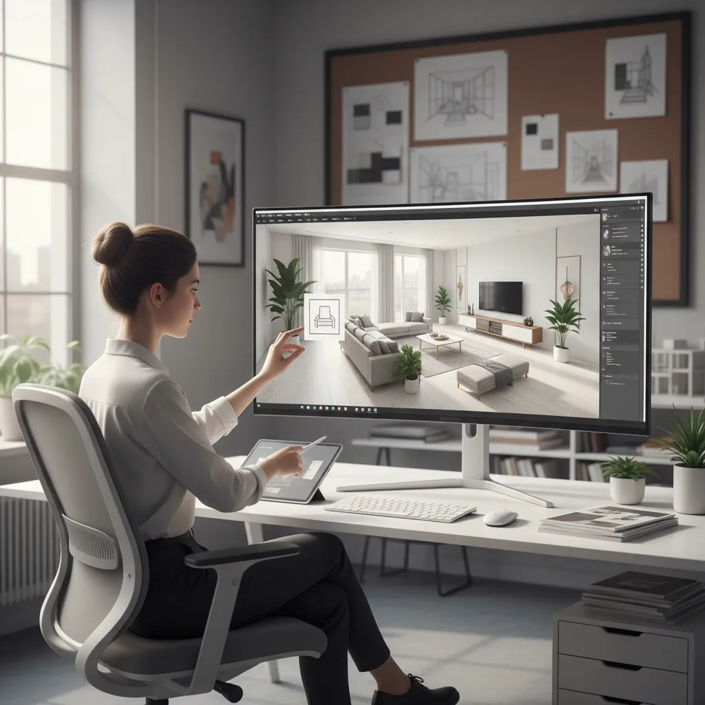 Diseñador organizando muebles en un plano digital de salón