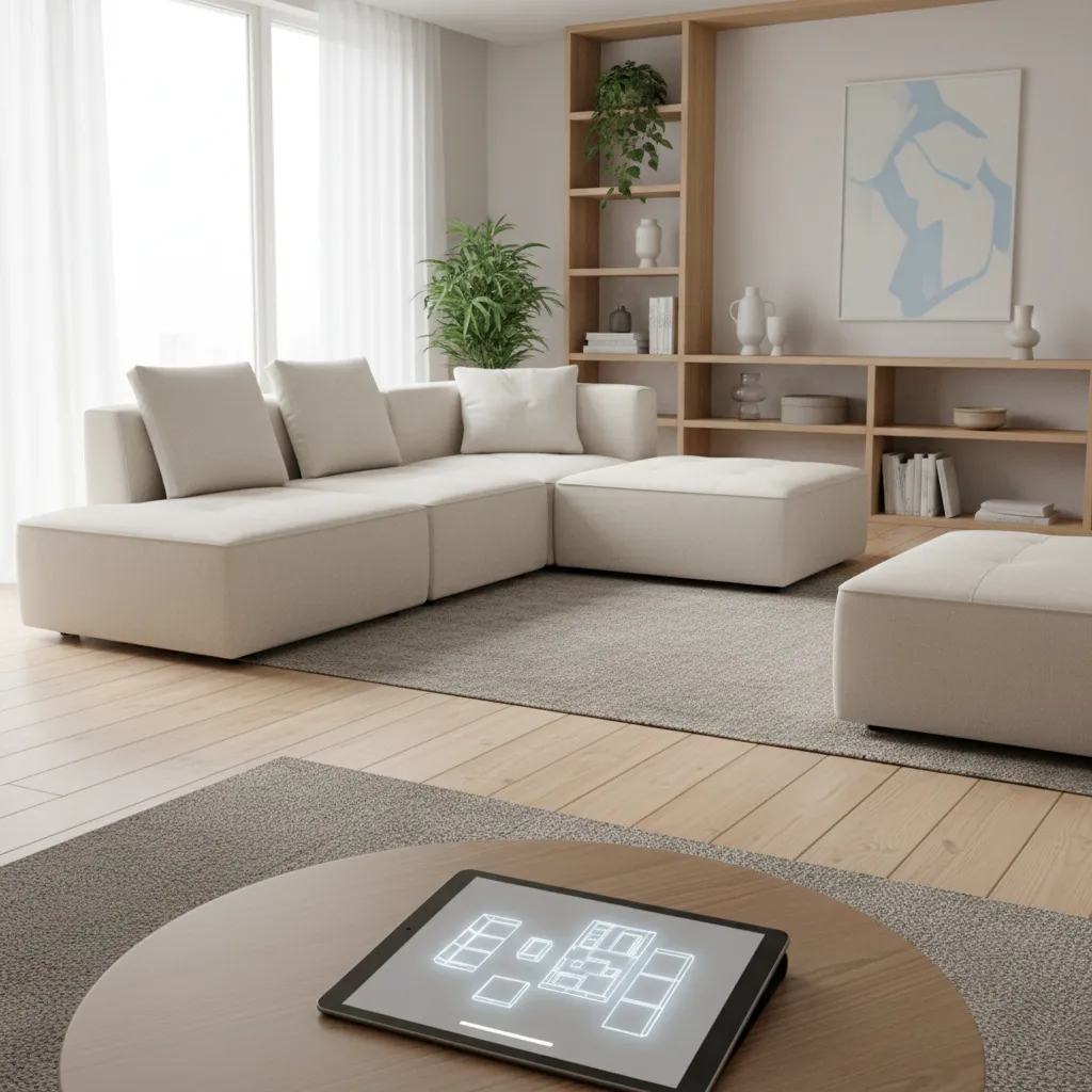 Tablet on a coffee table displaying a room layout in front of a white sofa