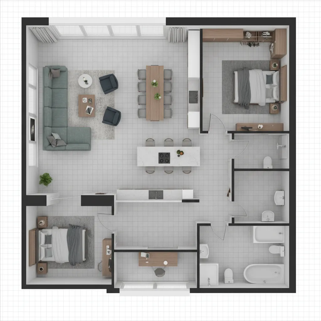 Modern apartment room layout with two bedrooms living room kitchen dining area and two bathrooms