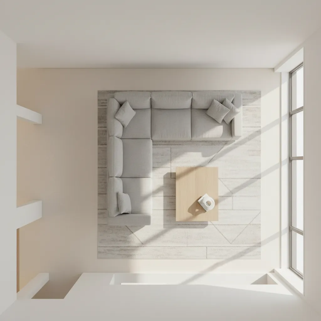 Diseño digital de sala con distribución de sofá mesa y circulación