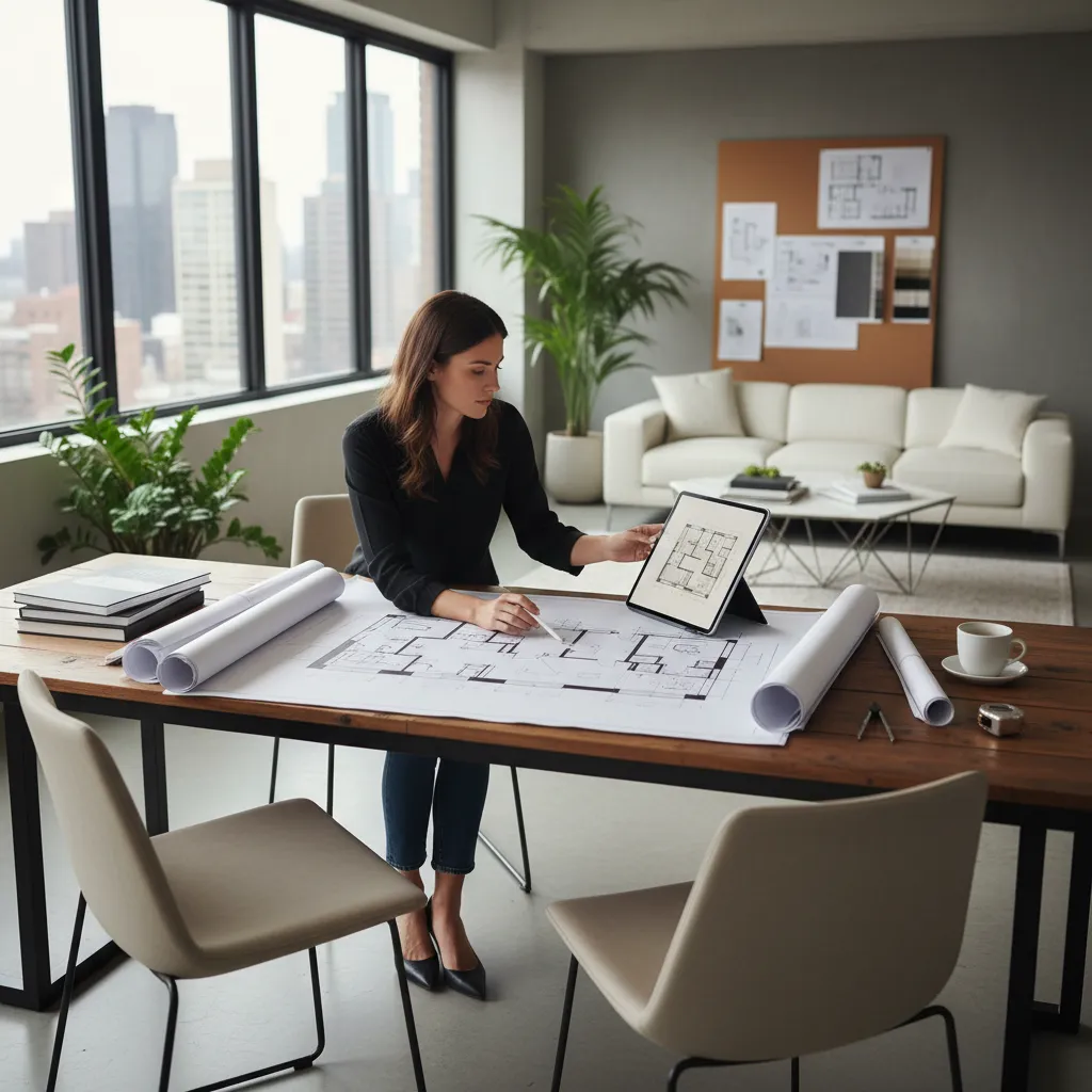 Diseñador planificando distribución de muebles sobre plano de vivienda