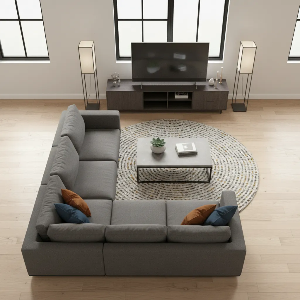 Diseño de salón en software 3D mostrando distribución de muebles