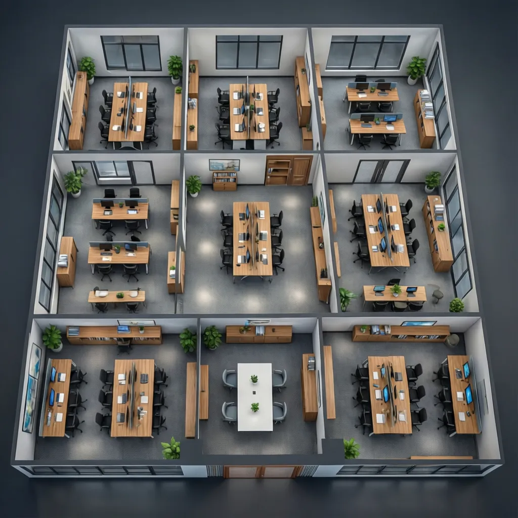 Visualización 3D del plano de una oficina con zonas de trabajo y reuniones