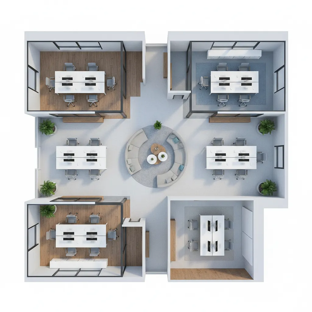 Top view 3D office layout showing multiple glass rooms with white desks and circular sofa