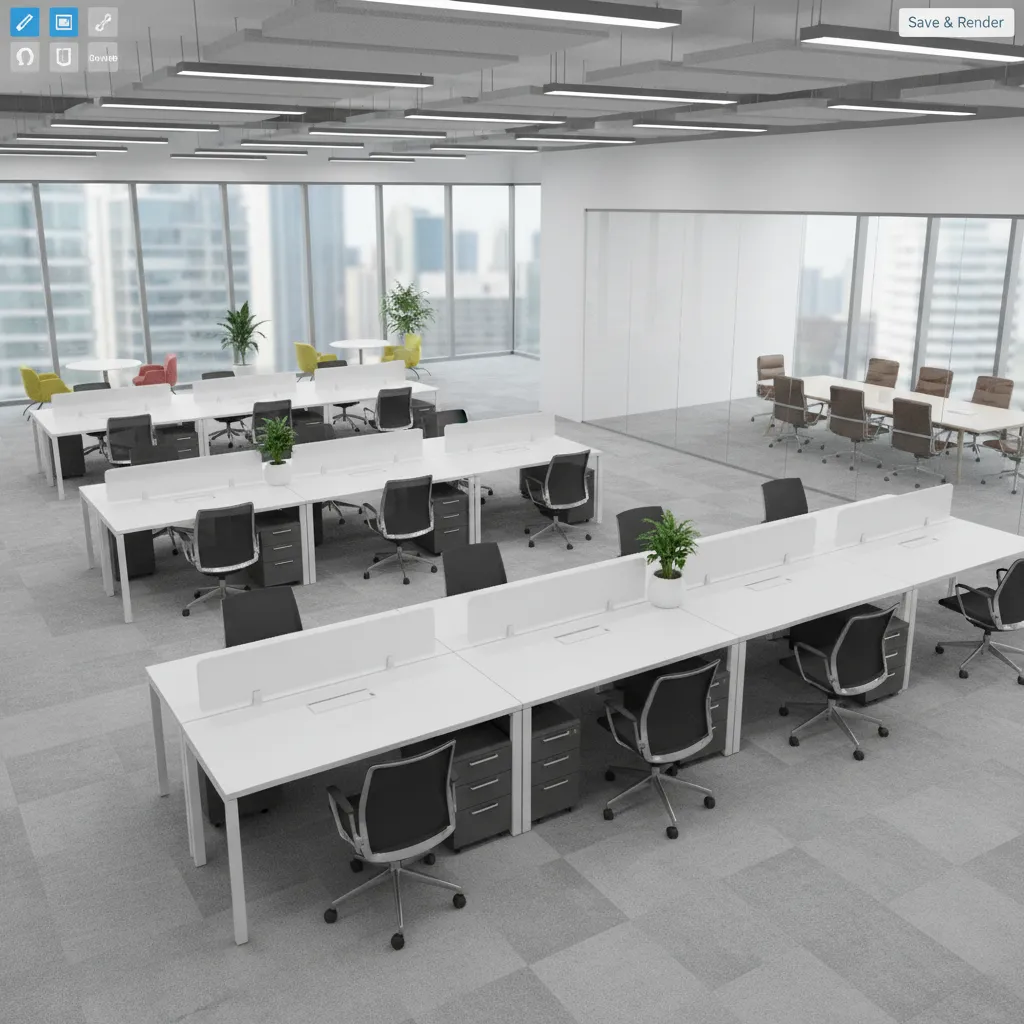 Interior design drawing of an open office with white desks, grey chairs, and city windows